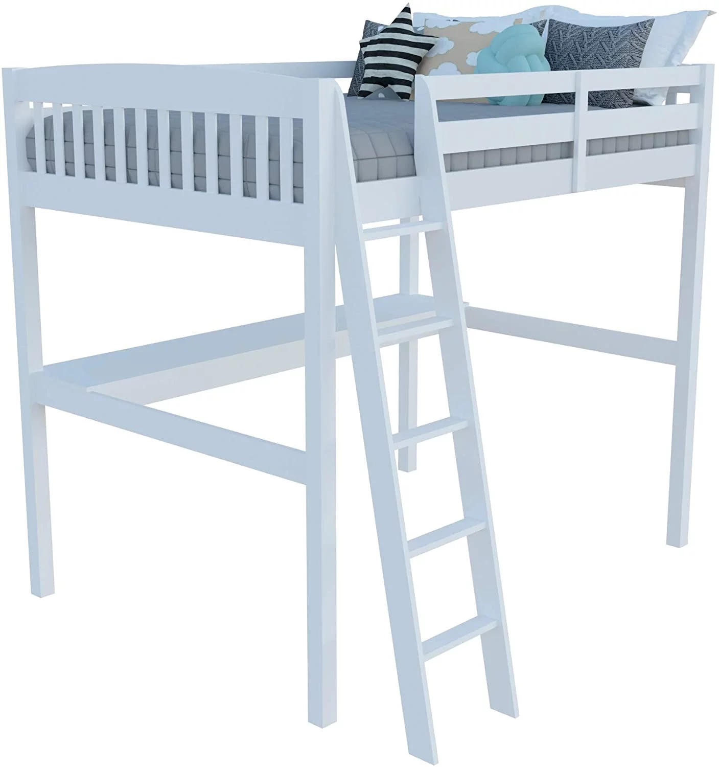 Yes4Wood Everest Solid Wood White Twin Size Loft Bed Frame with Desk & Stairs for Kids and Toddlers