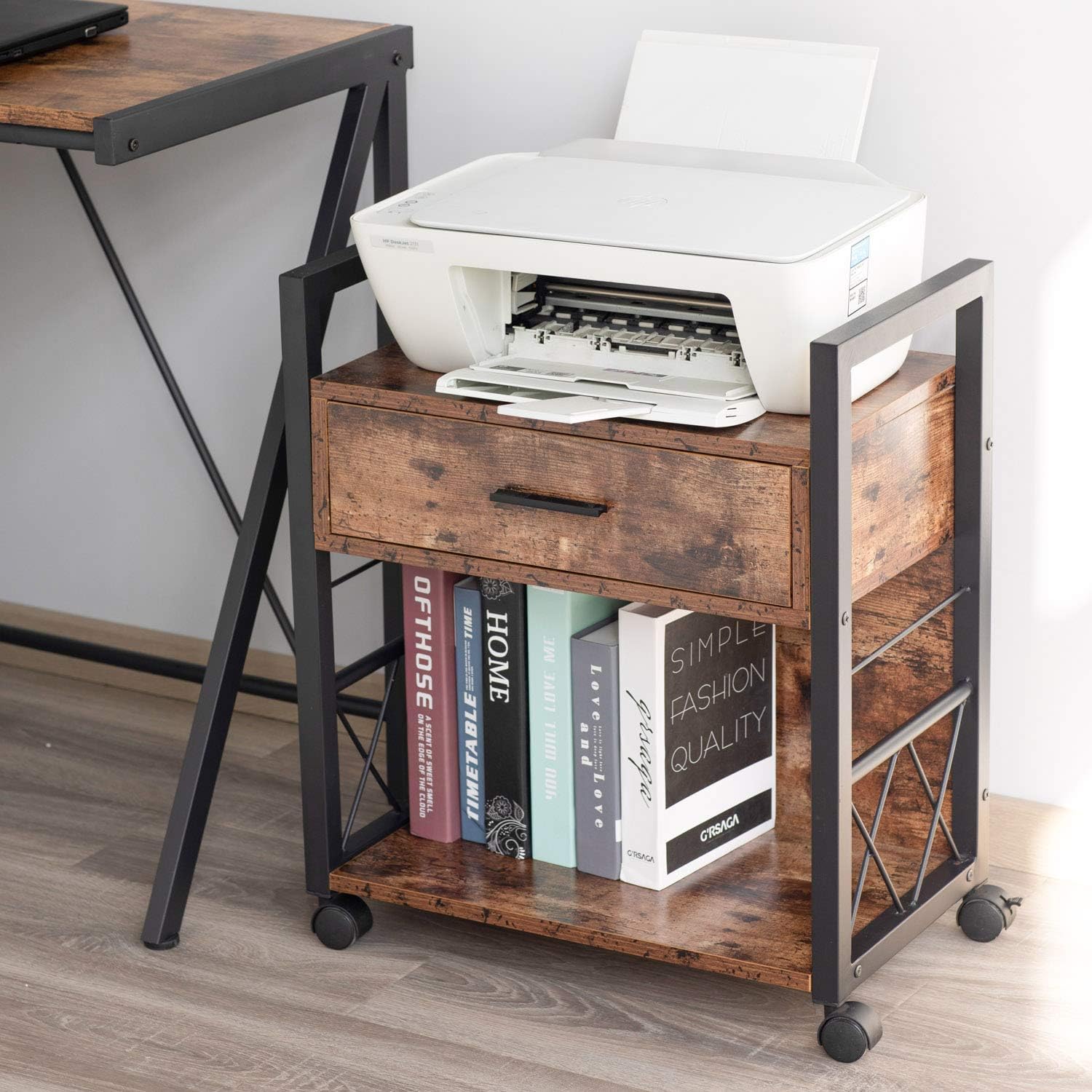 IRONCK Filing Cabinet, Industrial Printer Stand with Storage Home Office Cabinet 1 Drawer, Mobile Vertical File Cabinet, Vintage Brown