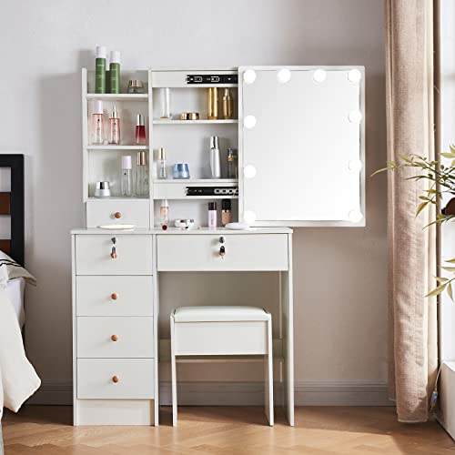 Vanity Desk Set with10 LED Lights, Makeup Vanity Table with Lighted Mirror and Charging Station, Dressing Table Desk with 5 Drawers