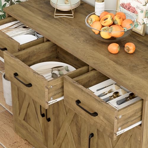 HOSTACK Modern Farmhouse Sideboard Buffet Cabinet, Barn Doors Buffet Storage Cabinet with Drawers and Shelves