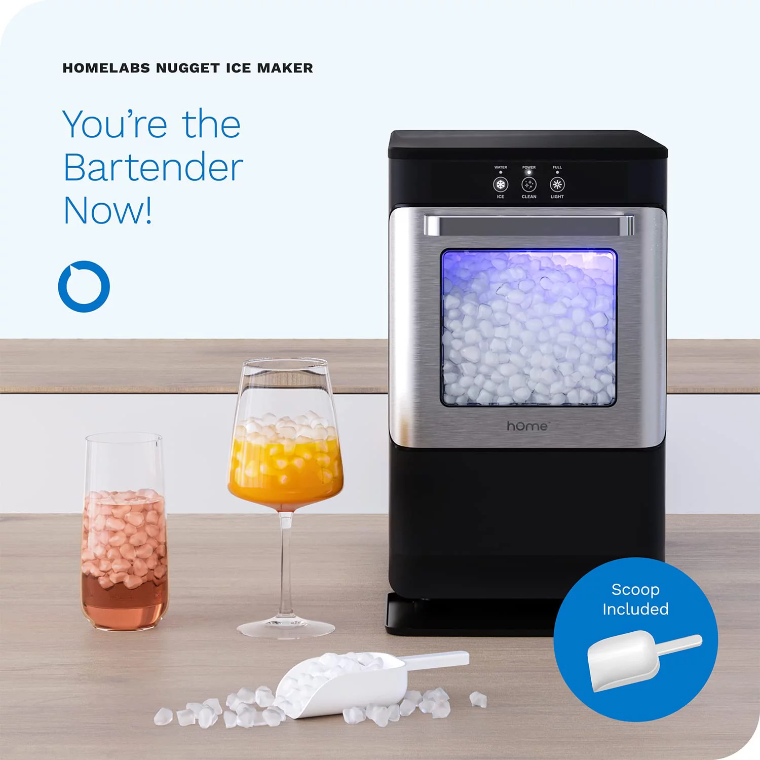 hOmeLabs Countertop Nugget Ice Maker - Stainless Steel with Touch Screen - Portable and Compact - Chewable Nugget Ice Machine