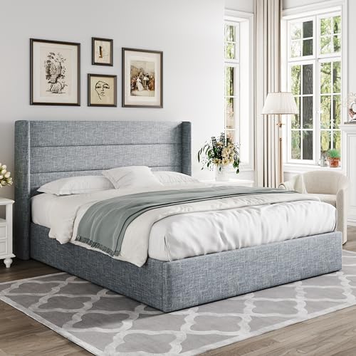 Allewie Full Size Lift Up Storage Bed, Modern Wingback Headboard, Hydraulic Support, No Box Spring Needed, Light Beige