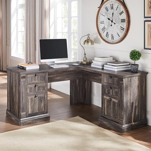OKD 60" Executive Desk with Drawers, Farmhouse Home Office Desk with Charging Station, Keyboard Tray, File Cabinet Storage