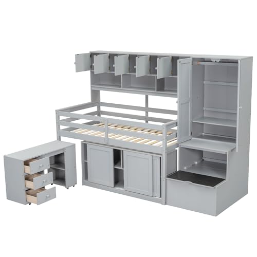 Harper & Bright Designs Full Size Loft Bed with Wardrobe, Wooden Full Loft Bed Frame Big Storage with Under-Bed Desk, Drawers and Shelves, Gray