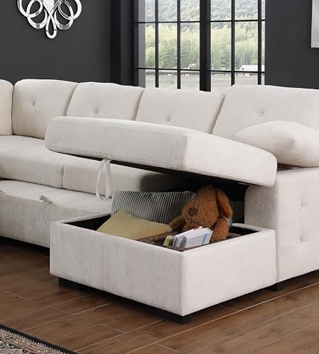 L-Shaped Pull Out Sleep Sofabed,Modern Reversible Sleeper Sectional Sofa Chenille Upholstered Button Tufted Decor with Storage Chaise