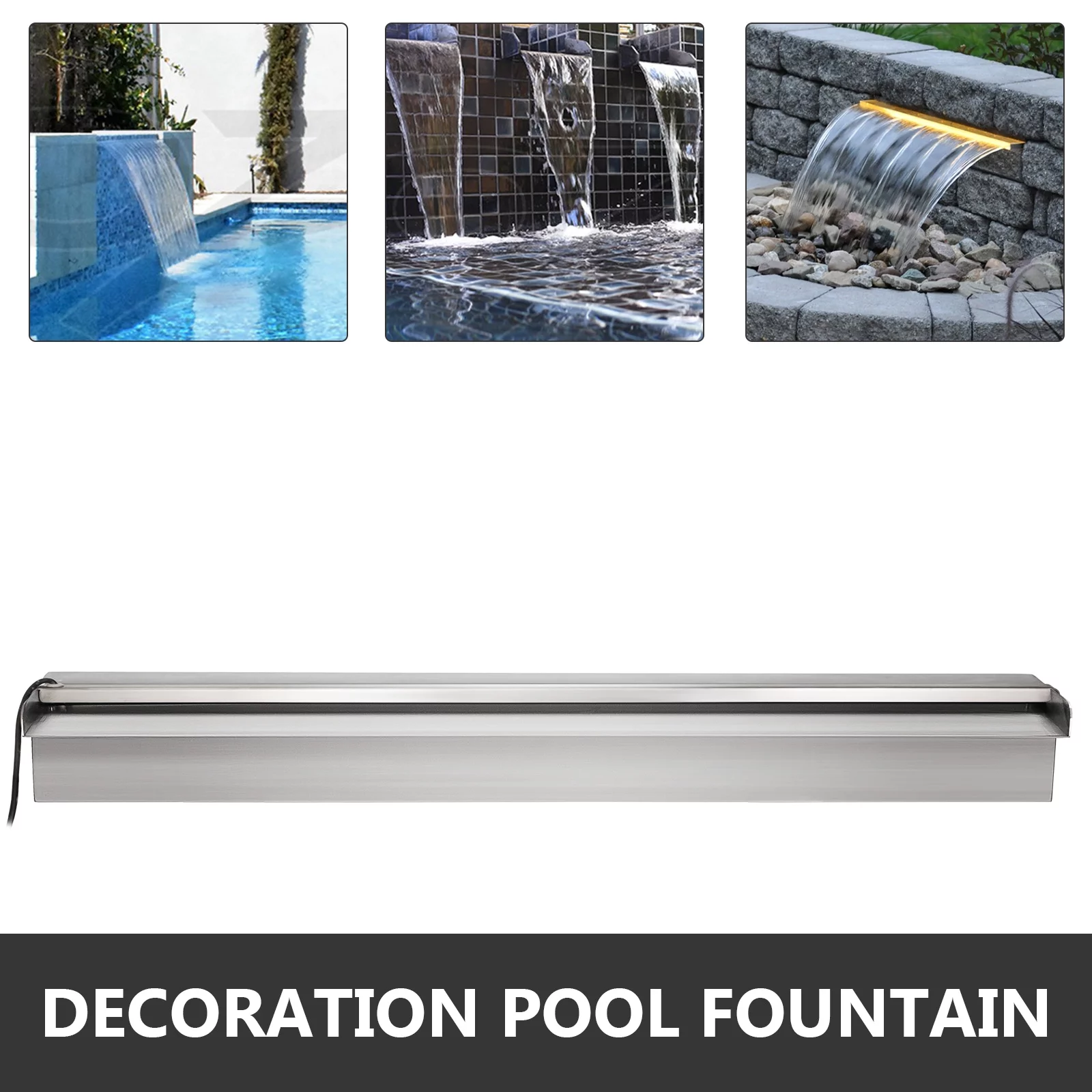 VEVOR Pool Fountain 47.2" x 4.5" x 3.1" Stainless Steel Pool Waterfall with LED Strip Light Waterfall Spillway with Pipe Connector Rectangular Garden