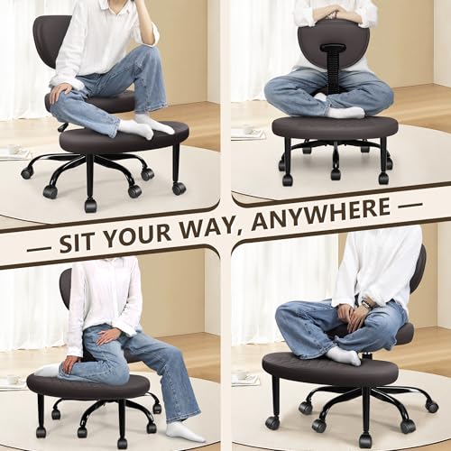 Ergonomic Cross Legged Office Chair with Wheels - Adjustable Height for Meditation, ADHD Desk & Yoga - Wide Criss Cross Design with Lumbar Support