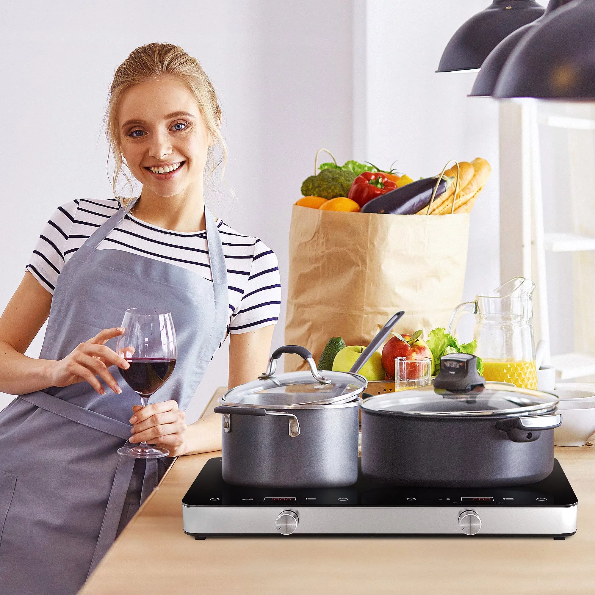 COOKTRON 1800W 120V Double Burner Electric Induction Cooktop w/Knobs