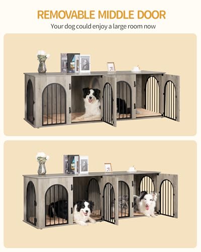 71" Dog Crate Furniture for 2 Dogs, Heavy Duty Indoor Dog Kennel TV Stand, XXL Wooden Dog Cage with Divider for Medium Large Dogs