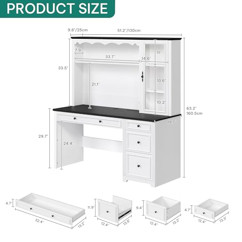 YITAHOME Executive Desk with Hutch and Drawers, Farmhouse Wood Computer Desk with Power Outlet & LED Lights, Home Office Desks with Storage Shelves
