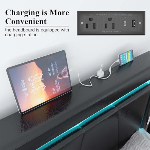 Full Size Bed Frame with 4 Storage Drawers and LED Lights, Upholstered Platform Bed with Adjustable Headboard and Charging Station