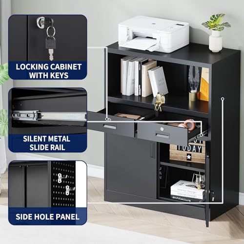 Yizosh Locking Cabinet with 2 Drawers, Metal Storage Cabinet with Locking Doors and Shelves - 41.3" Steel Lockable Storage Cabinet