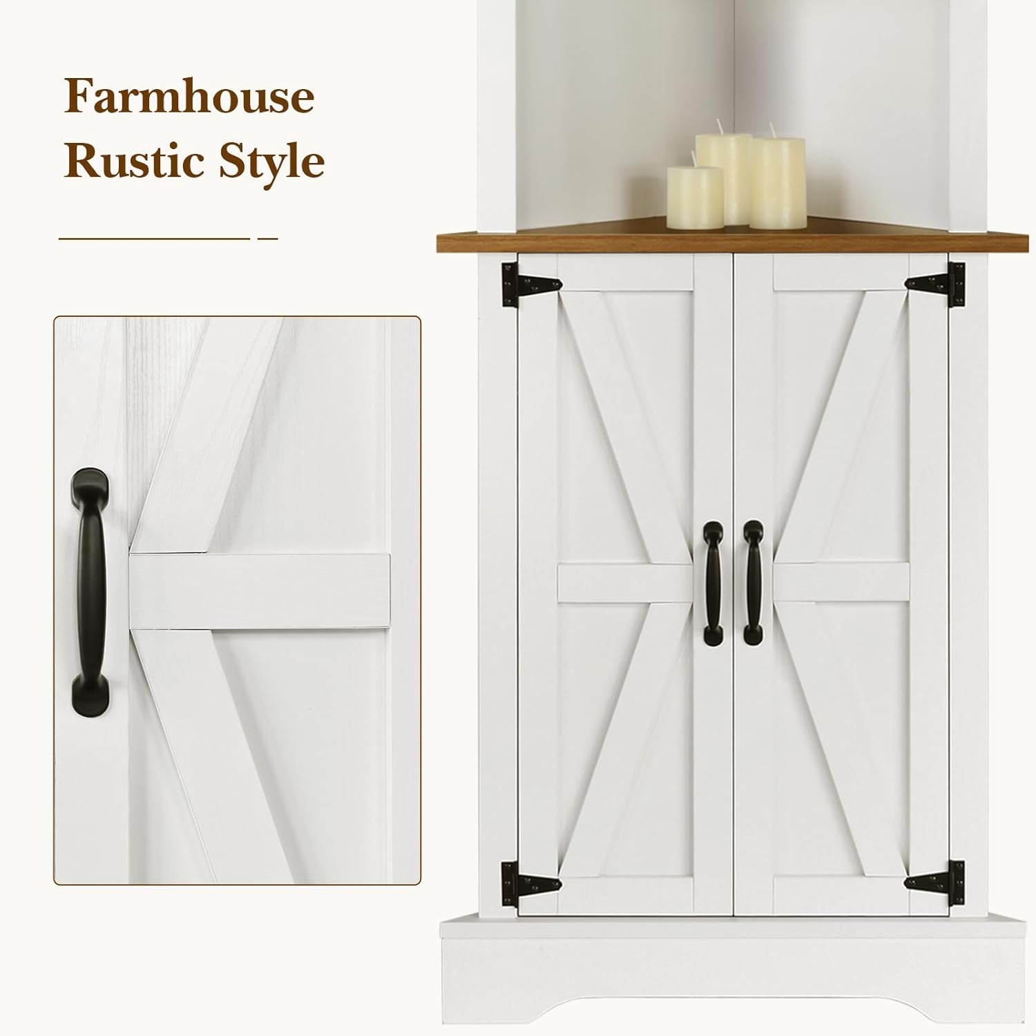 4 EVER WINE Farmhouse Corner Cabinet, Tall Corner Cabinet with 5 Shelves & Barn Doors, Corner Storage Cabinet Home Space Saver for Living Room