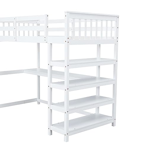 Full Size Loft Bed with L-Shaped Desk, Wardrobe and Storage Shelves, Solid Wood Bedframe w/Safety Guardrails & Ladder for Kids Teens Adults