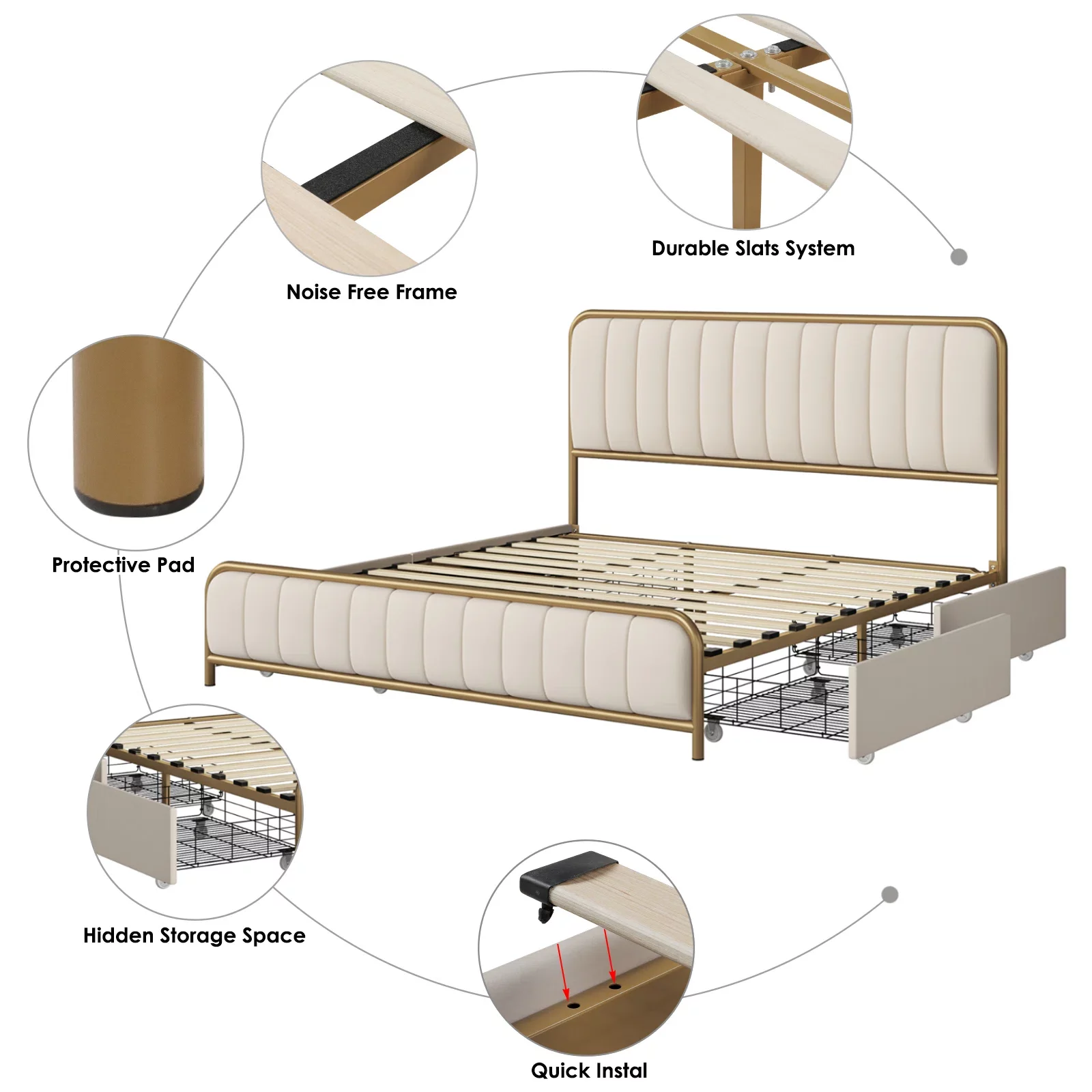 Homfa King Size 4 Drawers Storage Bed Frame, Gold Platform Bed with Tufted Upholstered Headboard, Beige