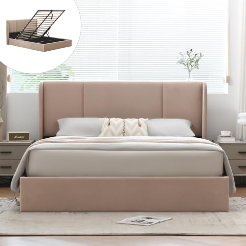 VELOCAVA Queen Size Lift Up Storage Bed with Modern Wingback Headboard, Upholstered Platform Bed with Fabric with Hydraulic Support Bars