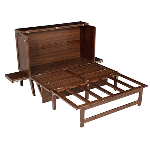 Queen Murphy Bed with Desk and Removable Shelves on Each Side, Murphy Bed Chest Murphy Bed Frame w/USB Port for Home Office, Studio or Guest Room