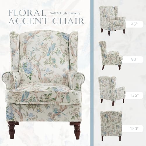 MELLCOM Floral Accent Chair, High Back Upholstered Armchair with Solid Legs, Leisure Single Sofa Chair for Living Room, Bedroom, Home Office