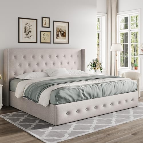 Allewie Full Size Lift Up Storage Bed, Modern Wingback Headboard, Hydraulic Support, No Box Spring Needed, Light Beige