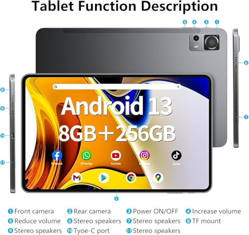 Android Tablet 12 Inch with 8GB RAM 256GB ROM, Octa-Core 2.0Ghz Processor, 2000 * 1200 FHD IPS Touch Screen, 5MP+13MP Dual Camera, 8000mAh Battery