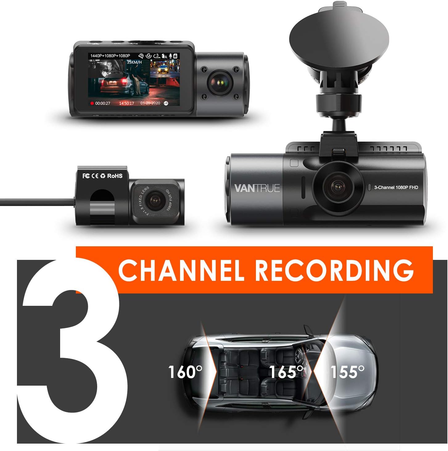 Vantrue N4 3 Channel 4K Dash Cam, 4K+1080P Front and Rear, 4K+1080P Front and Inside, 1440P+1080P+1080P Three Way Triple Car Camera, IR Night Vision