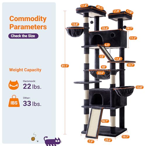 Allewie 81 Inches Tall Cat Tree/Multi-Level Large Climbing Tree House and Towers for Big Feline/Condo and Hammock/Scratching Post/Wide Base/Dark Grey