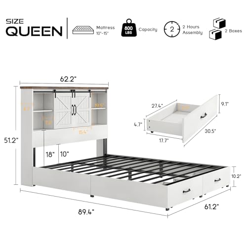HOWE King Size Bed Frame, Wood Platform Bed Frame with 51.2" Bookcase Headboard, Storage Bed with Sliding Barn Door Charging Station 2 Drawers