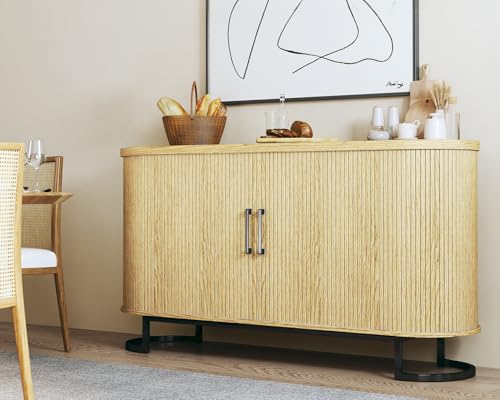 Sideboard Buffet Cabinet with Storage, 54.3" Fluted Tambour, Adjustable Shelves, Mid Century Modern Console for Living Room Kitchen Walnut