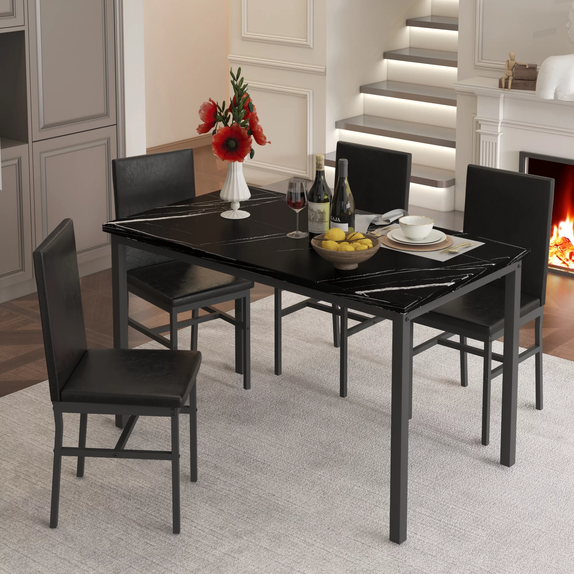 Dining Set for 4, 5-Piece Modern Dining Table and Chairs Set, Marble Top Table with 4 Leather Chairs for Kitchen Dining Room Living Room