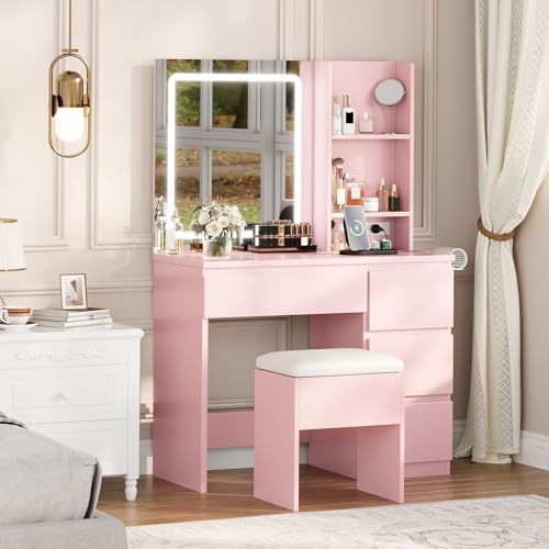 Vanity Desk with Mirror and Lights - Modern Makeup Dressing Table with Outlets, Storage Stool, 4 Drawers & Hair Dryer Holder