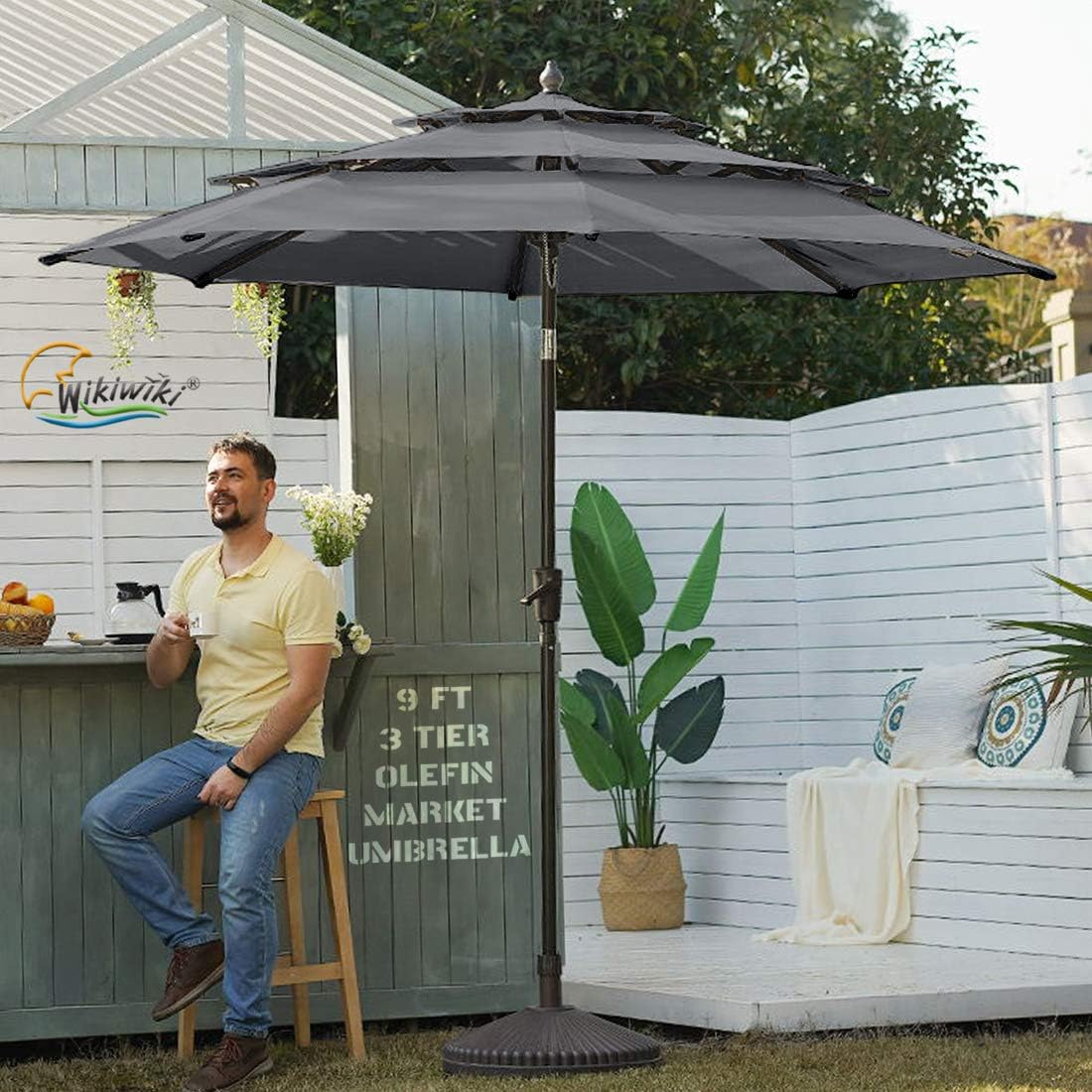 wikiwiki Olefin 9 FT 2 Tier Market Umbrella Patio Outdoor Table Umbrellas with 3-Year Nonfading Olefin Canopy and Push Button Tilt for Garden
