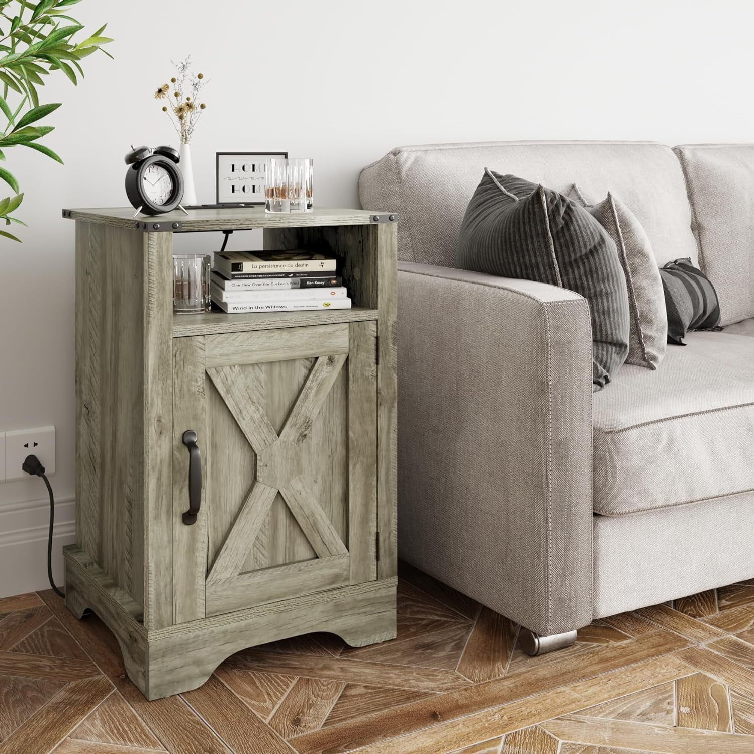 RoyalCraft Farmhouse Nightstand with Charging Station, Tall Bedside Table with X-Shaped Design
