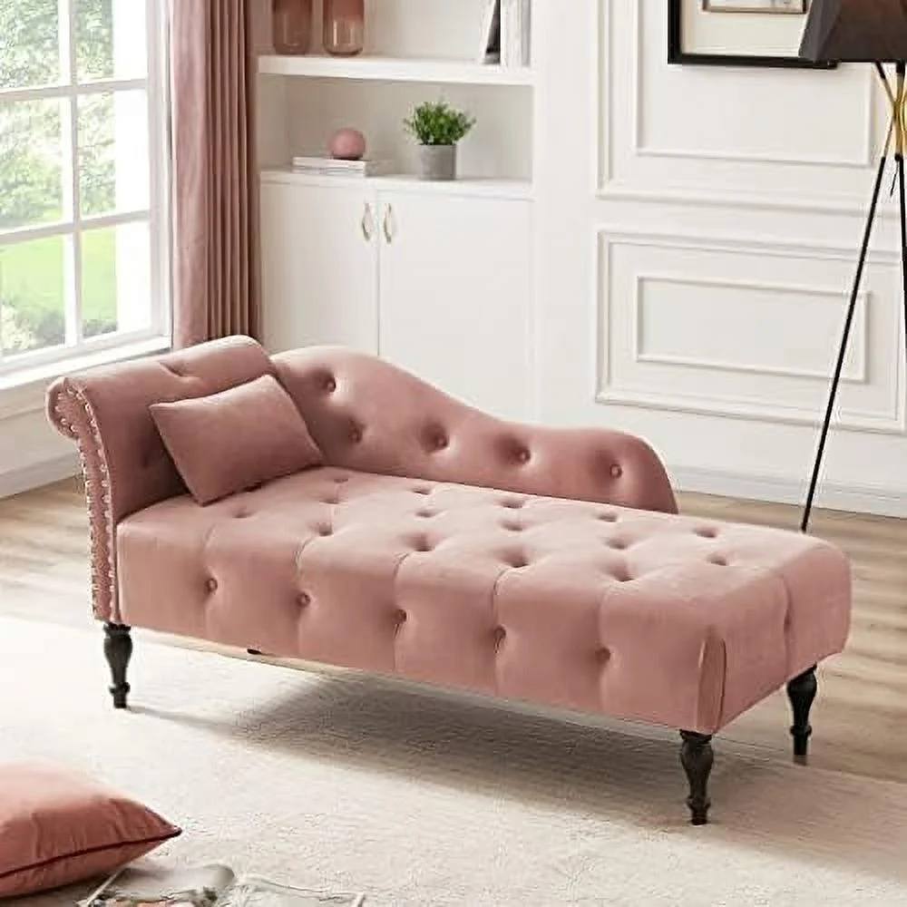 TJUNBOLIFE Tufted Upholstered Velvet Rolled Arm Chaise Lounges Indoor Chair  Right Arm Facing Chaise Lounge with Nailhead Trim and 1 Pillow for
