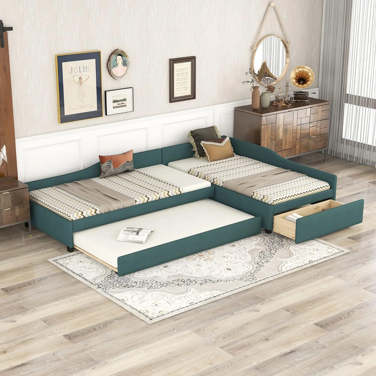 Upholstered Double Size Daybed With Trundle And Drawer, Living Room Sofa Bed, No Box Spring Need (Green)