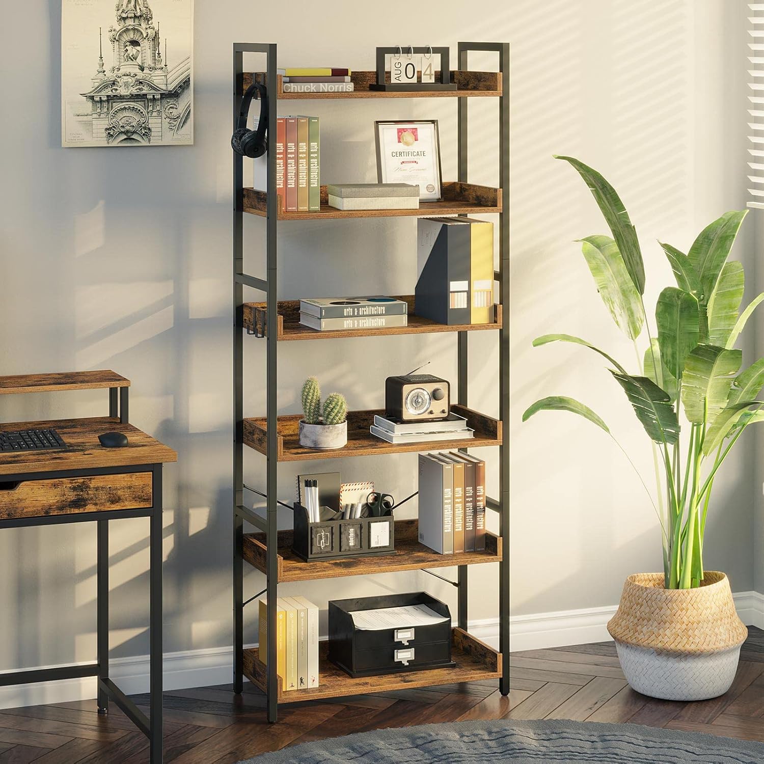 Rolanstar 5 Tier Bookshelf, Industrial Wood Bookcase with 4 Hooks, Vintage Storage Rack with Open Shelves