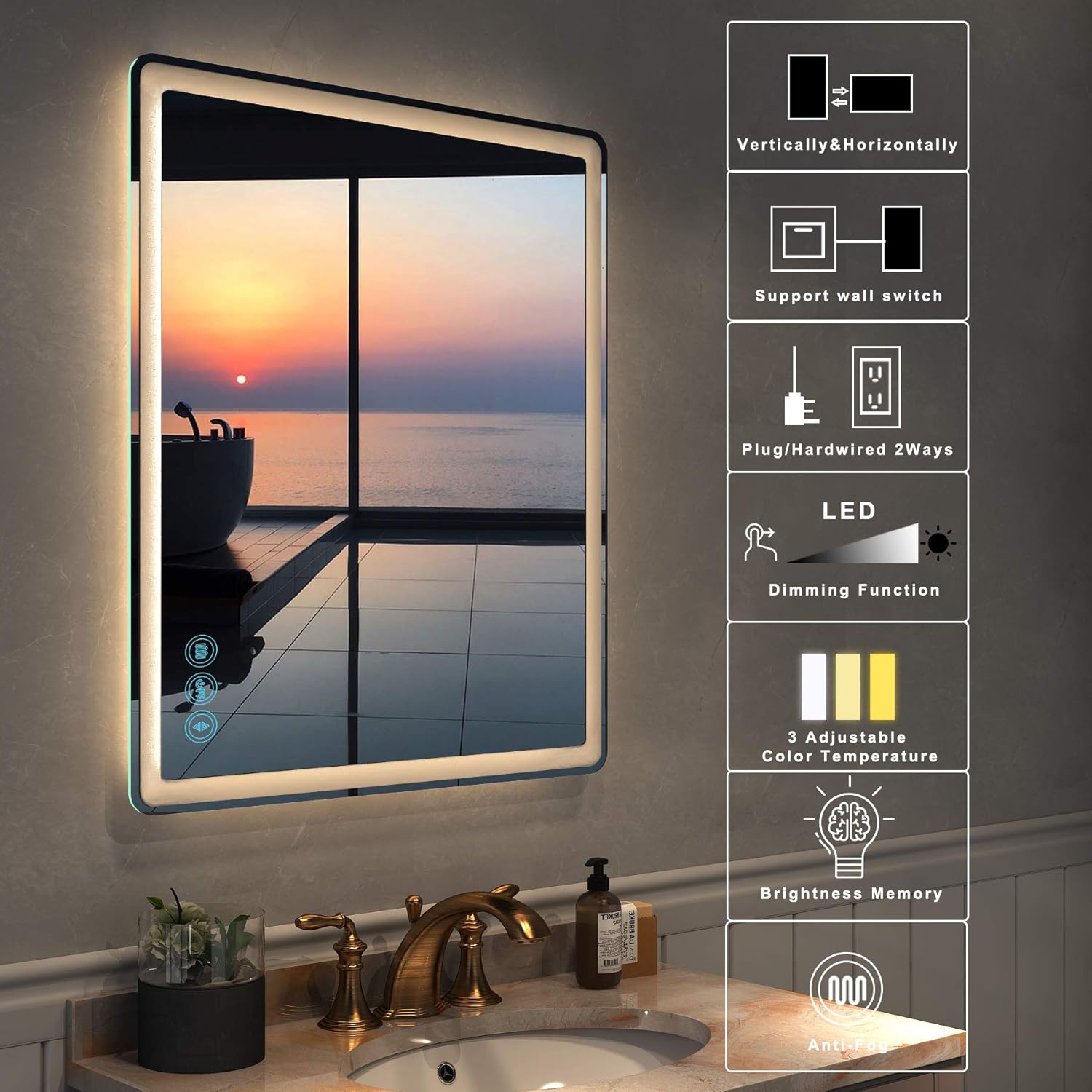 LED Bathroom Mirror for Wall - JORYOO 36x24 Inch Anti-Fog Bathroom Mirror with Lights - Lighted Bathroom Mirror