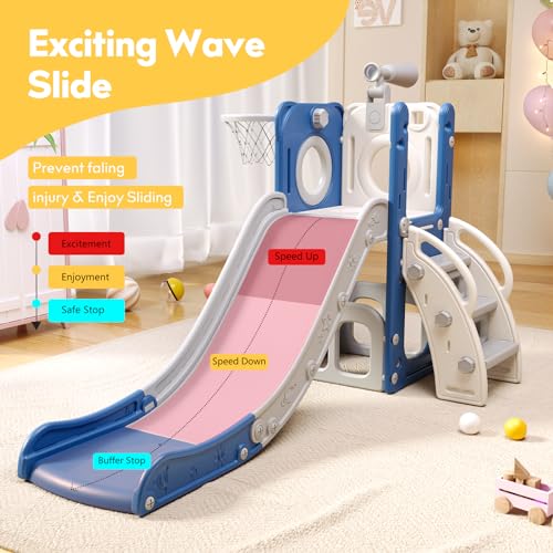 6 in 1 Toddler Playset with Slide, Kids Slide with Basketball Hoop, Ball, Ring Toss, Indoor Outdoor Toys (White Grey)