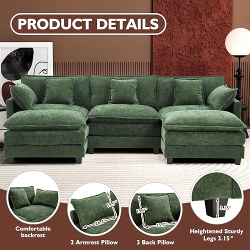 Ihanherry 111.4" U Shaped Modern Cloud Sofa Modular Sectional Couch with 2 Ottoman, 5-Seat Chenille Deep Seat Sofa with Pillow for Living Room