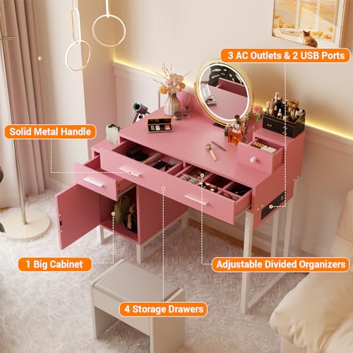Vanity Desk with 4 Storage Drawers - Modern Makeup Vanity Table with Charging Station