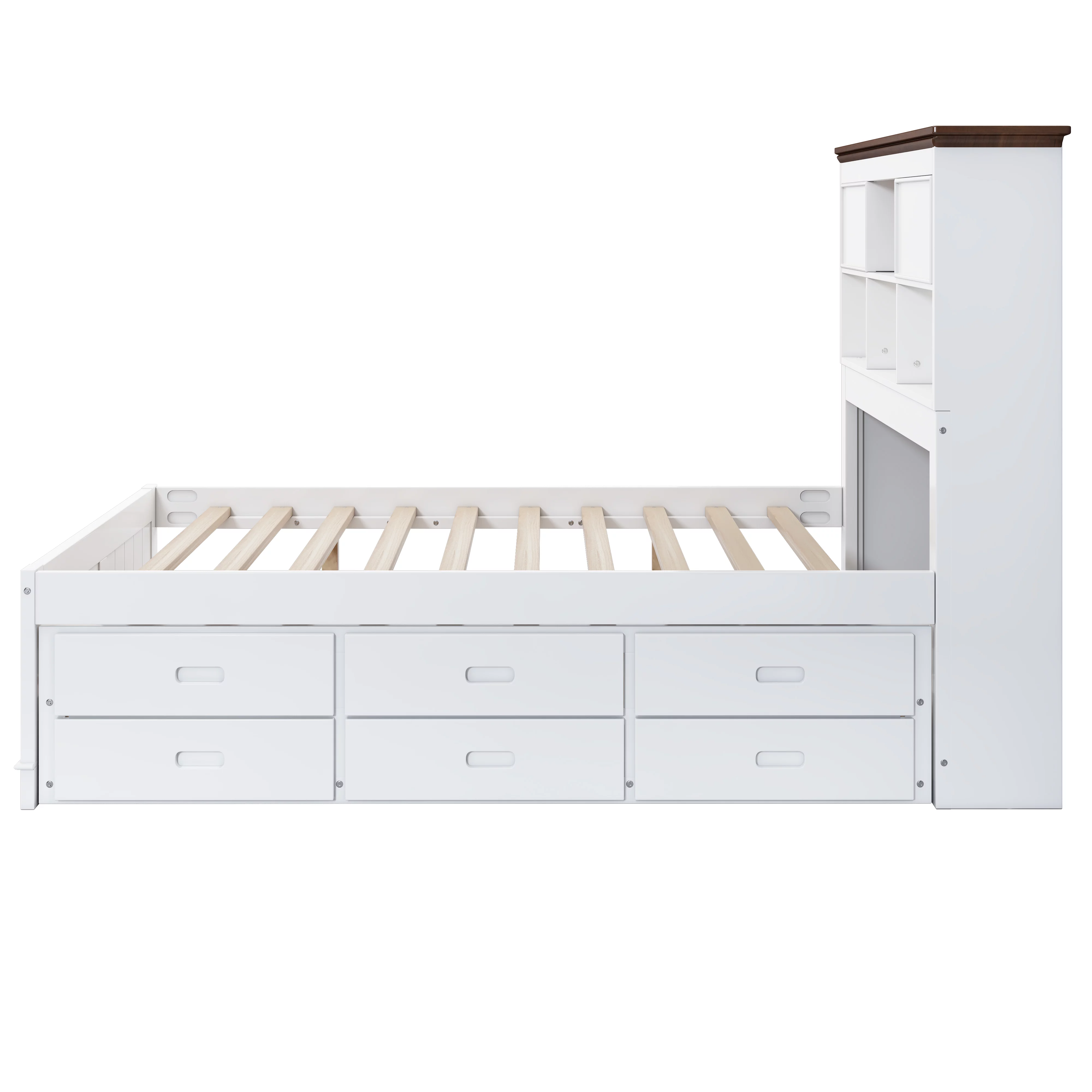 Royard Oaktree Solid Pine Captain Bed with Trundle and Bookcase Wood Platform Bed Frame with 3 Spacious Under Bed Drawers in Casual, Twin