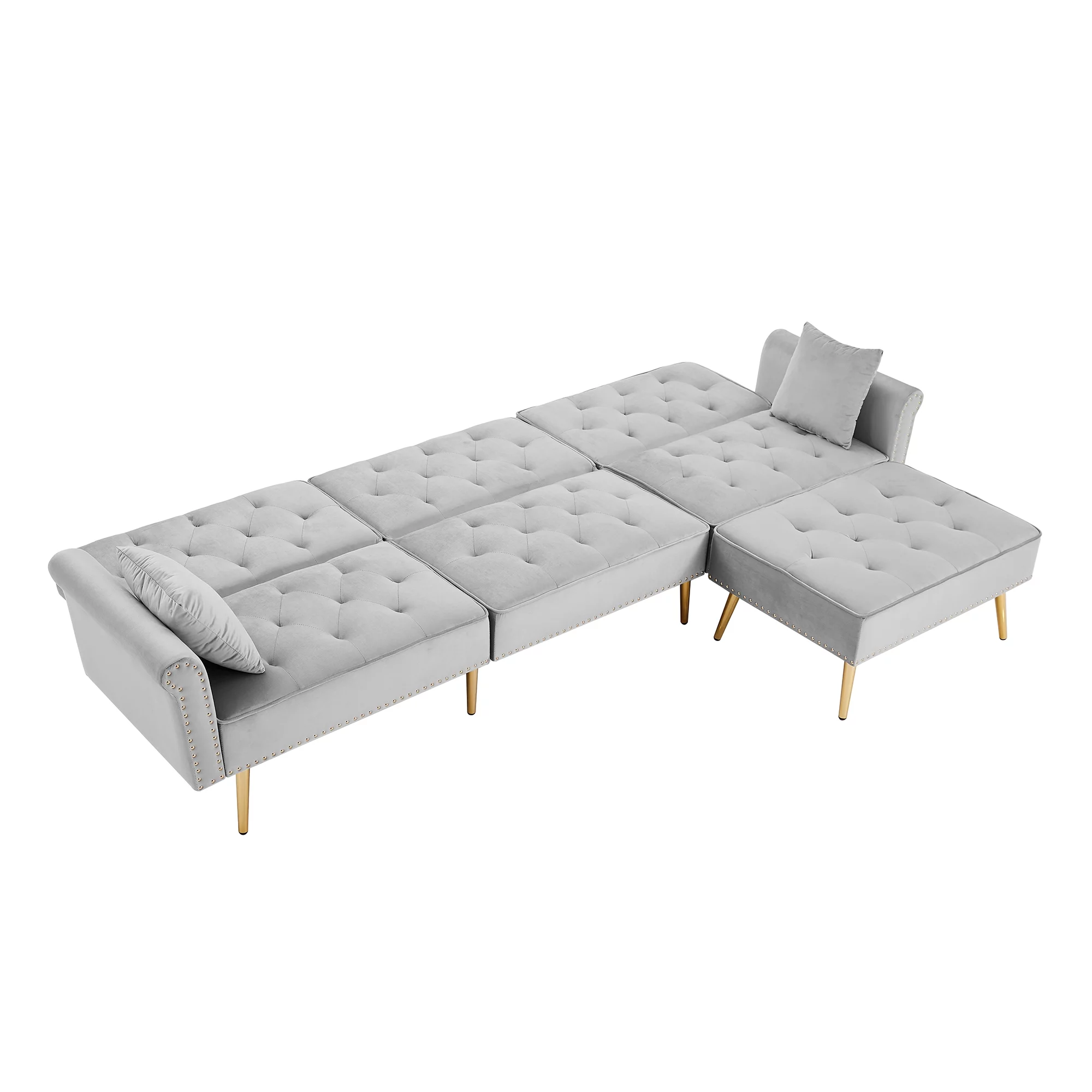 Dcenta Modern Upholstered Reversible Sectional Sofa Bed , L-Shaped Couch with Movable Ottoman and Nailhead Trim For Living Room. (Light Grey)
