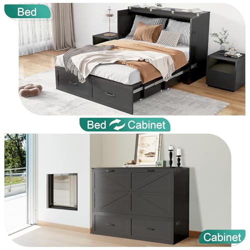 Full Size Murphy Chest Bed with Drawer and Charging Station, Farmhouse Wood Space-Saving Hidden Folding Bed Chest