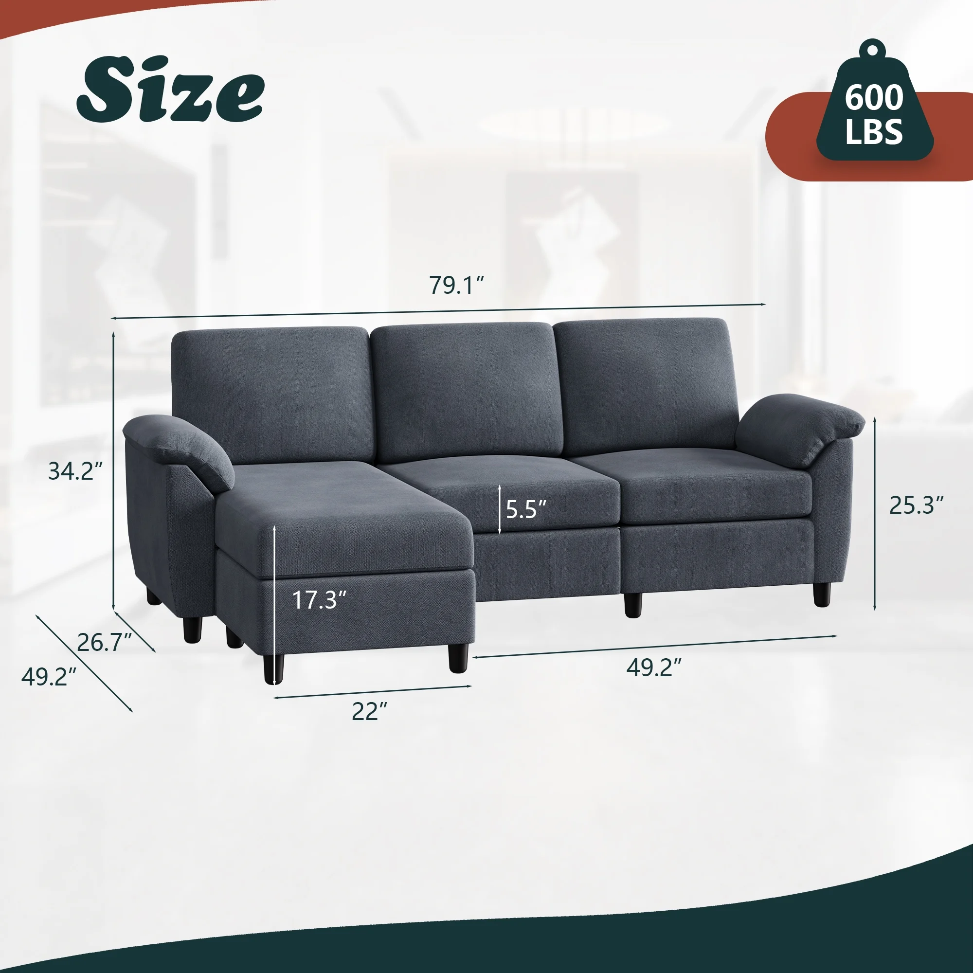 Walsunny 79 Convertible Sectional Sofa Couch,Linen Fabric L Shaped Sofa with Removable Pillows Dark Gray