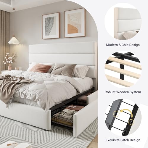 Allewie Modern Full Size Platform Bed Frame with 4 Storage Drawers and Velvet Upholstered Headboard, Wooden Slats Support