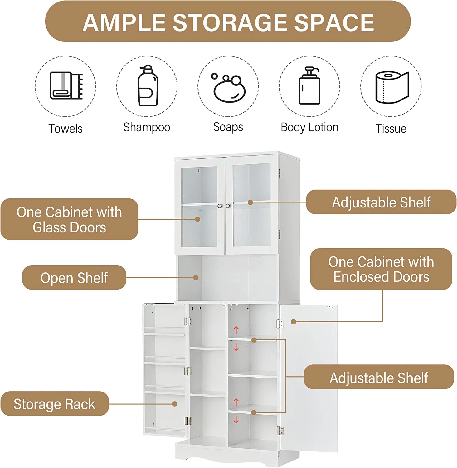 WANHUI, White Bathroom Storage Cabinet with Glass Doors, Open Bookcase, Pantry Cupboard, Adjustable Shelves