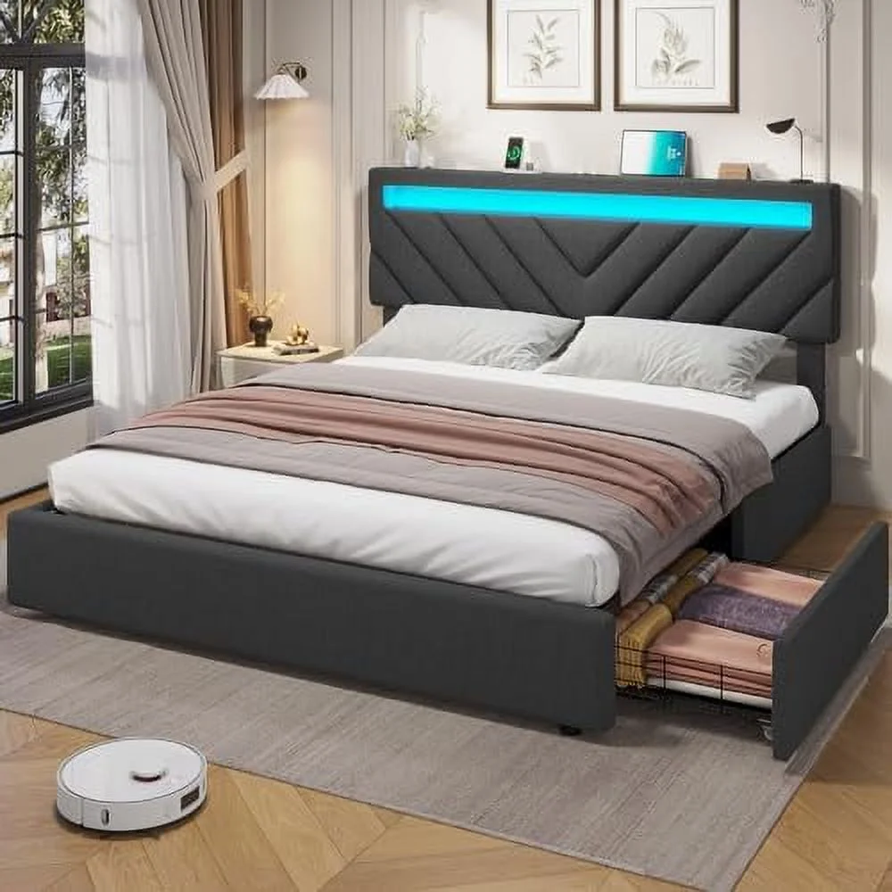 TJCGDTY Queen Bed Frame with Drawers  LED Bed Frame with 2 USB Charging Station  Upholstered Platform Bed with  &amp