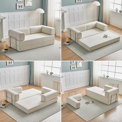 Convertible Floor Sofa Bed, Foldable Mattress Cloud Couch with Pillow Back & Armrest, Chenille Sleeper Sofa Bed with Fixed-Shape Frame