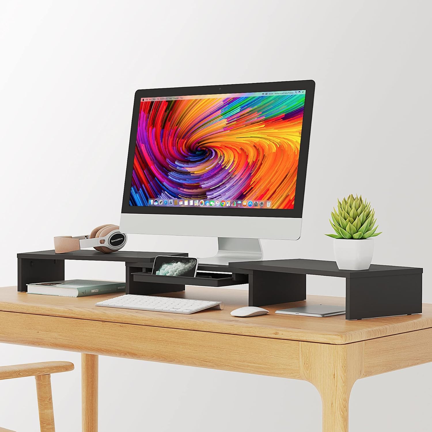 FITUEYES Dual Monitor Stand &ndash; 3 Shelf Computer Monitor Riser, Wood Desktop Stand with Adjustable Length and Angle, Desk Accessories