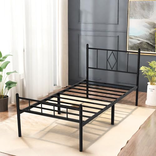 Full Size Bed Frame, 14 Inch Metal Platform Bed with Iron-Art Headboard & Footboard, Classic Bed Frame with Heavy Duty Metal Slats Support