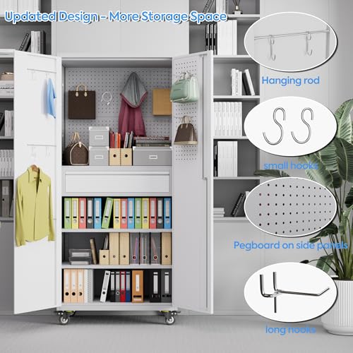 Garage Storage Cabinet with Wheels & Pegboard, 72" H Locking Metal Storage Cabinet with Doors and 4 Adjustable Shelves for Garage Workshop Home